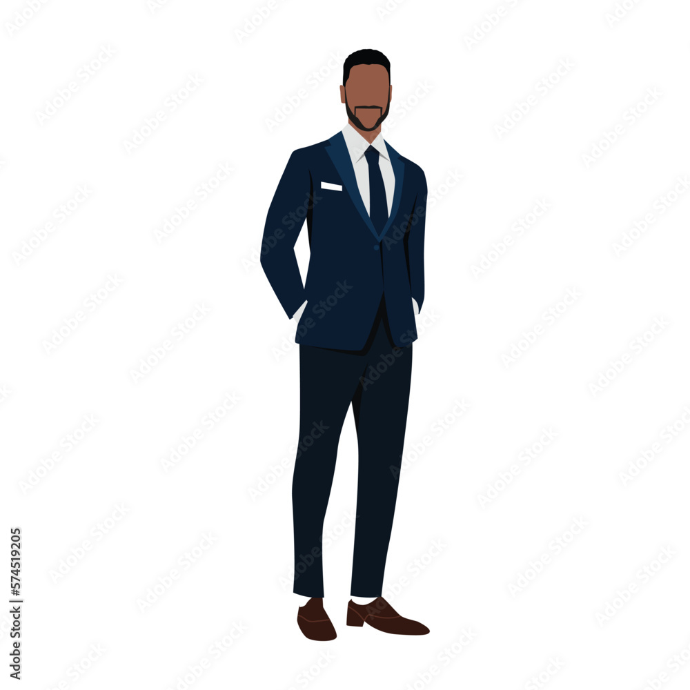 Black business man standing in dark suit with hands in his pockets, isolated vector drawing, flat design icon Black business man standing in dark suit with hands in his pockets, isolated vector drawing, flat design icon