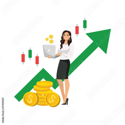 Stock market modern flat concept for web banner design. Woman buys or sells securities on stock exchange, studies charts and statistics, works at laptop. Vector illustration with isolated people scene