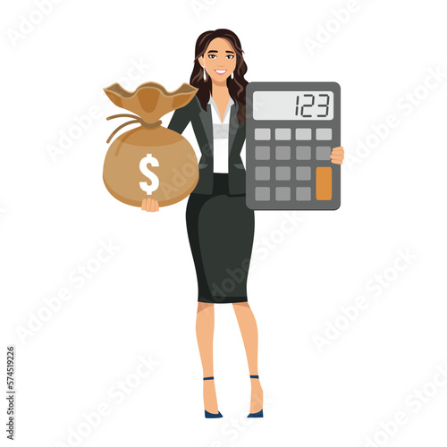 Professionals who manage assets on a deliberate basis. A person standing with a calculator and a person holding a pile of money. Flat vector illustration isolated on white background