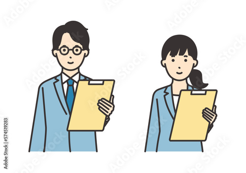 資料を持つスーツを着た女性と男性のイラスト素材セット