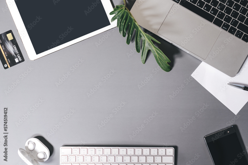 Top view of office table with digital technology lifestyles gadget and ...