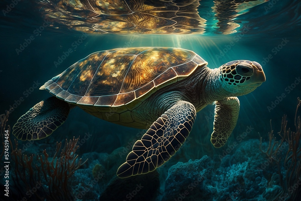Fototapeta premium Deep Serenity: Watching a Graceful Sea Turtle Glide Through the Water
