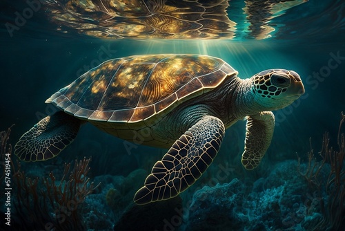 Deep Serenity: Watching a Graceful Sea Turtle Glide Through the Water © Meydey
