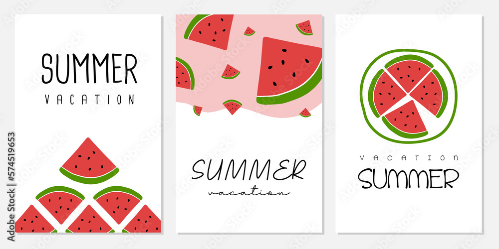 Set of summer cards. Summer posters with watermelon.