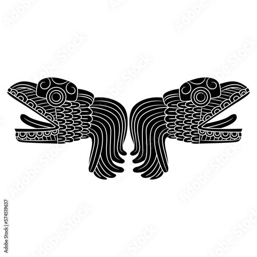 Symmetrical animal design with two heads of Quetzalcoatl. Feathered serpent of Maya Indians. Native American dragon from Indigenous mythology. Black and white silhouette.