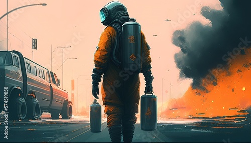 An illustration of a man in bomb squad clothing walking, a tense and suspenseful depiction of danger photo