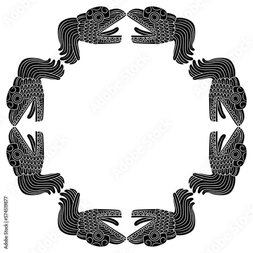 Rectangular animal frame with heads of Quetzalcoatl. Feathered serpent of Maya Indians. Native American dragon from Indigenous mythology. Black and white silhouette.