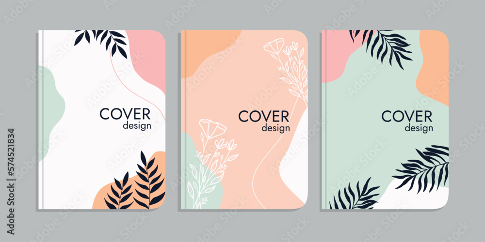 set of book cover designs with hand drawn floral decorations. beautiful botanical abstract background .size A4 For notebook, planner, brochure, book, catalog