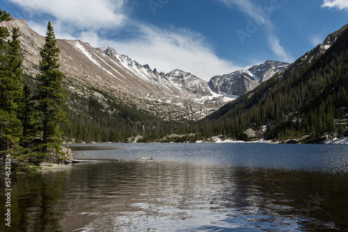 14,259 foot Longs Peak, is the highest mountain in Rocky Mountain National Park. Mills Lake is a travel destination for hikers, that catch the beautiful views of the mountains. © toroverde