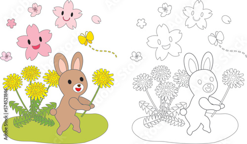 タンポポと桜とかわいいウサギの塗り絵