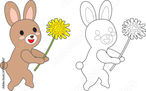 タンポポを持ったかわいいウサギの塗り絵