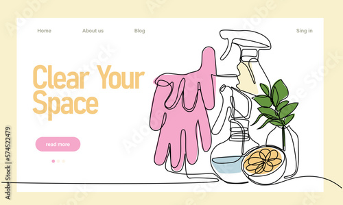 Home cleaning service landing page design concept, illustration of janitors with cleaning tools. Vector illustration