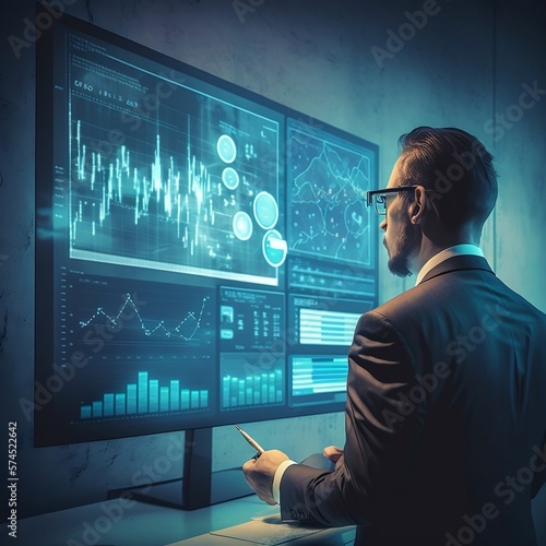 A businessman working with a modern computer virtual dashboard that analyzes financial sales data and economic growth graph, as well as blockchain technology. generated in AI