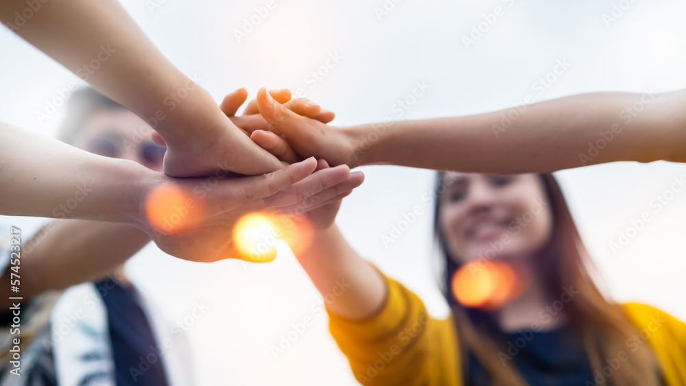 Panoramic Teamwork,empathy,partnership and Social connection in business join hand together concept.Hand of diverse people connecting.Power of volunteer charity work, Stack of people hand.  - obrazy, fototapety, plakaty 