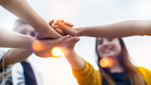 Panoramic Teamwork,empathy,partnership and Social connection in business join hand together concept.Hand of diverse people connecting.Power of volunteer charity work, Stack of people hand. 