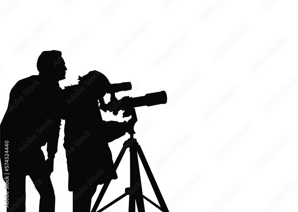 Woman and man with telescope in search  stars. Vector illustration 