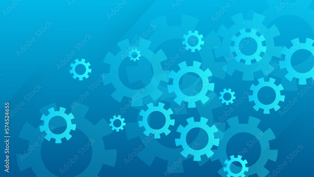 Background of cogwheels and clock mechanism on soft blue.