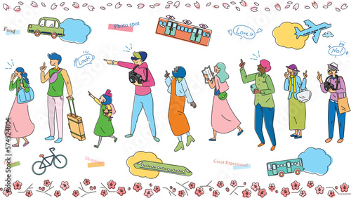 春の観光を楽しむ多種多様な老若男女の人々と乗り物のセット（線画）