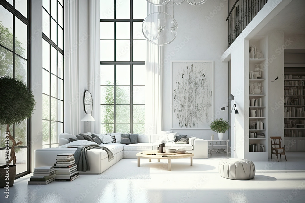 The beautiful, contemporary white interior of a living room, dining ...