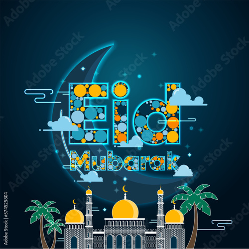 Eid Mubarak Cartoon Illustration. Featuring a colourful tone inside the text.