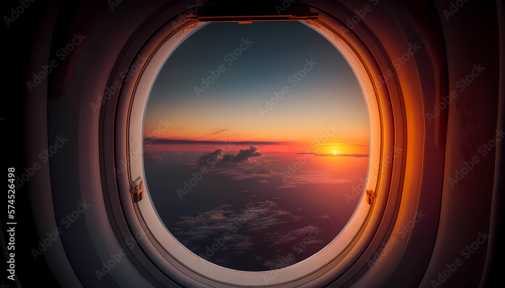 An Airplane Window View of Sunrise created by generative AI An Airplane Window View of Sunrise created by generative AI