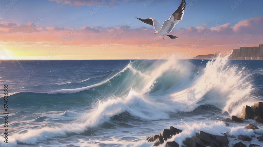 Obraz premium 海岸 波 スロー 夕日 日の出 情緒 港