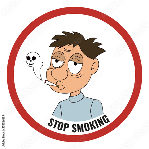No smoking sticker. Cartoon man smoking a cigarette from the smoke formed the skull of death. A stop sign smoking in a red frame. Vector illustration about the dangers of smoking. A social problem. 