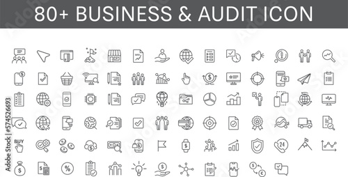 80 Business and Audit line icons collection. Big UI icon set in a flat design. Thin outline icons pack. Vector illustration