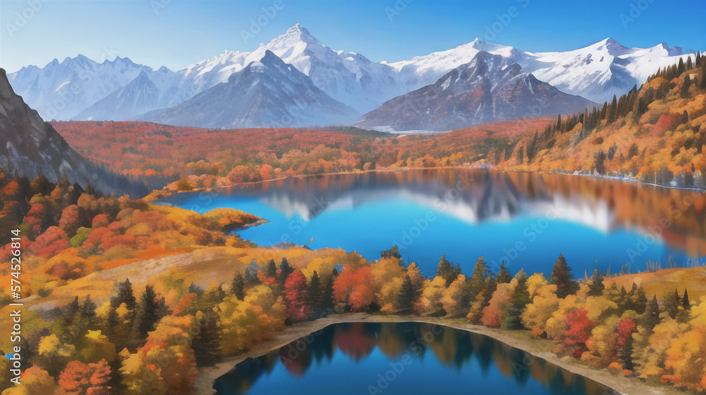 Fototapeta premium 紅葉した木々と反射する湖畔 秋 もみじ 美しい風景