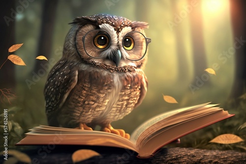 A cute cartoon owl perched on a blurred forest background, reading a book, surrounded by colorful wildlife and nature illustration. This playful and joyful character promotes learning and education