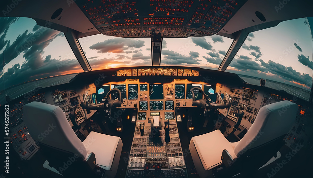 Fototapeta premium Cockpit of Airplane View created by generative AI