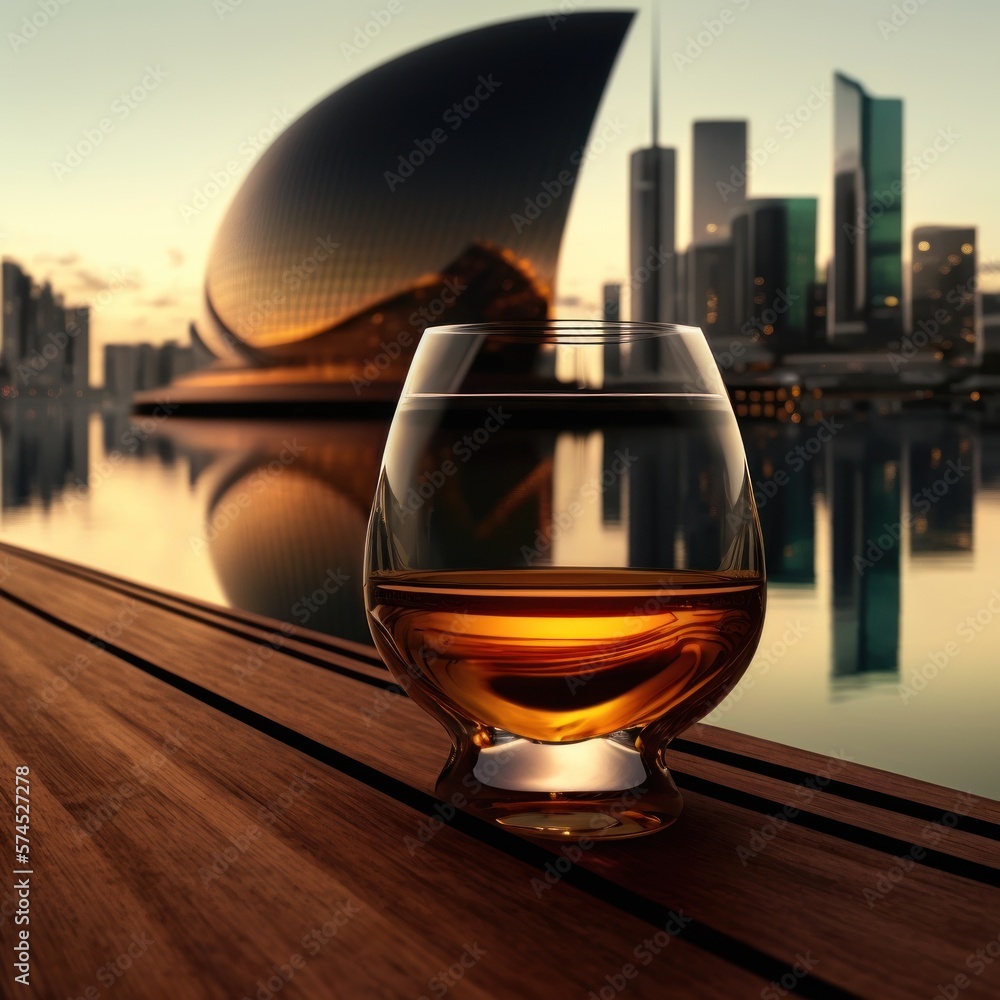 Single glass of whiskey with ice reflecting city São Paulo New York silhouette background fancy and minimalist. GENERATIVE AI