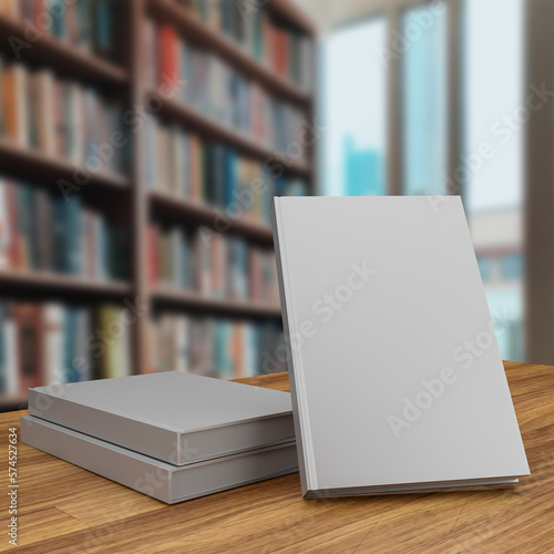 three empty gray hard cover books on a wooden table in a library, 3d rendering