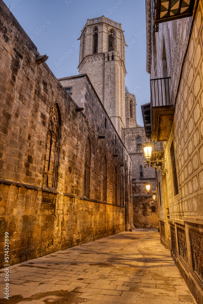 The historic Barrio Gotico in Barcelona at twilight with the Cathedral