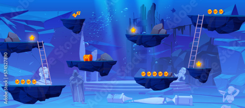 Floating rock islands vector game underwater landscape. Ui level map with flying platform, gold goin, ladders on blu under sea background. Cartoon arcade world design with seabed, anemones and algae