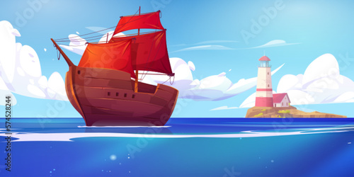 Sea landscape with lighthouse on island and ship with red sail. Cartoon vector background with house on rocky coast in ocean, wooden caravel. Beacon building on harbor seascape during calm weather