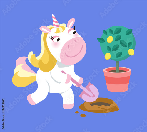 Cute isolated unicorn in garden digging hole and replanting lemon tree. Cartoon character animal horse for design. Vector illustration. 