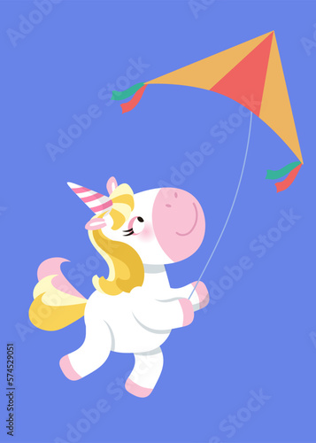 Cute isolated unicorn flies kite. Cartoon character animal horse for design. Vector illustration. 