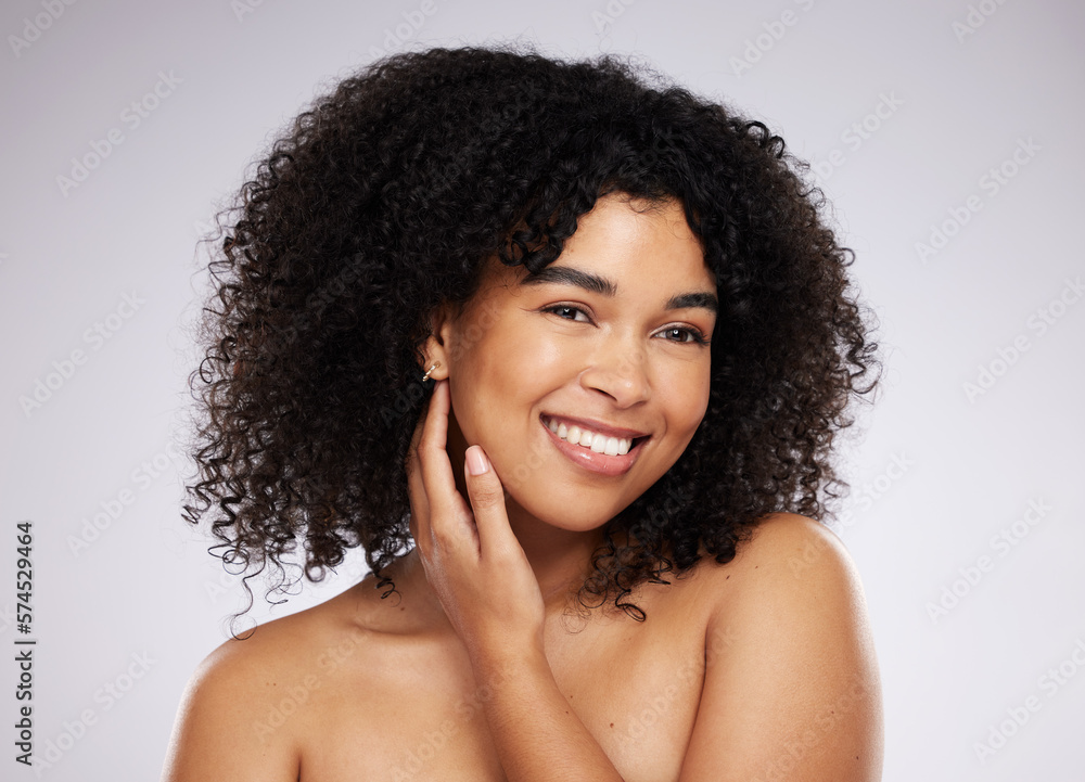 Mockup, skincare and black woman with smile, beauty and dermatology against grey studio background. African American female, lady or cosmetics for morning routine, grooming or treatment for soft skin Mockup, skincare and black woman with smile, beauty and dermatology against grey studio background. African American female, lady or cosmetics for morning routine, grooming or treatment for soft skin