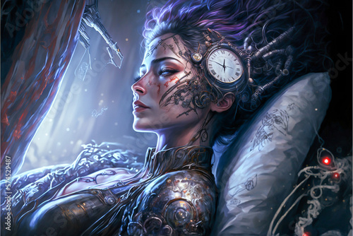 Mysterious fictional cyborg android girl awaking from long sleep. Mechanical element is blended into her body. Made with Generative AI