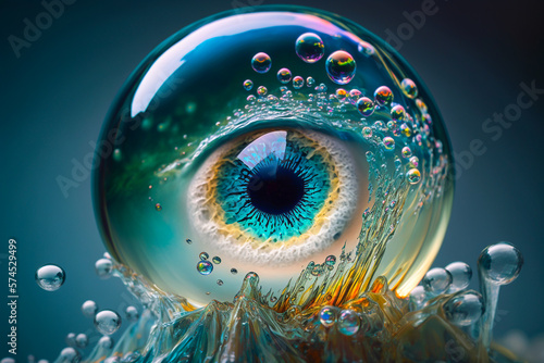 Abstract illustration of a frozen moment of mysterious wet eyeball sphere. Eyeball sphere fulfilled with water and still uncanny shining. Macro science and mystic fantasy concept