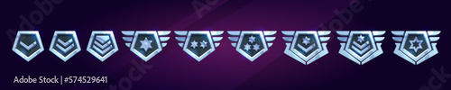 Set of military game rank badges isolated on background. Vector cartoon illustration of silver metal pentagonal insignia medals with stars, chevrons, wings. Gui progress symbol. Award for achievement