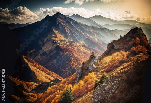 Background of autumn mountains covered with yellow red orange trees, view from quadcopter. Landscape of autumn colors, mist in October © Вячеслав Герц