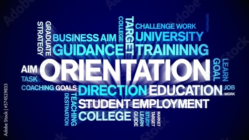 Orientation animated tag word cloud;text design animation kinetic typography seamless loop. photo