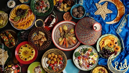 Ramadan halal food. Eid table setting top view. Hummus  Moroccan traditional cuisine. Authentic local homemade traditional meals