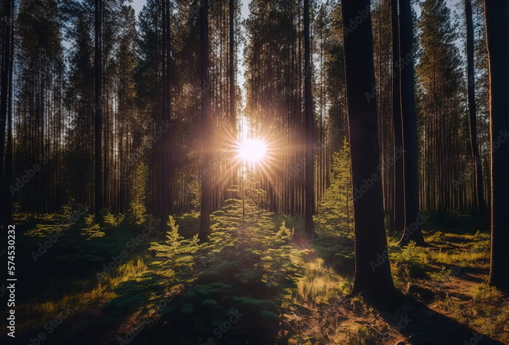 Obraz premium Background of a beautiful colorful fairytale forest in autumn in October. Colorful landscape with enchanted trees with stones and moss. The sun shines through the trees. AI