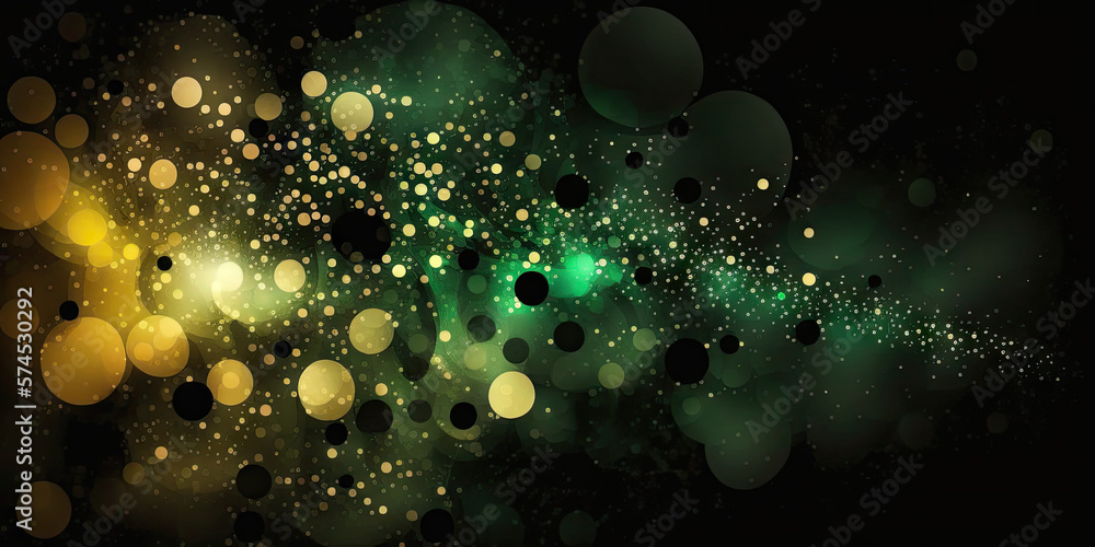 background of abstract glitter lights. green, gold and black. banner, generative ai