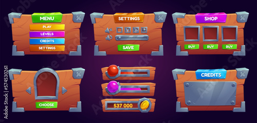 Set of wooden boards with iron corners for game ui design isolated on background. Vector cartoon illustration of wood texture menu, settings, score, credits frames. Sound level, save, buy buttons