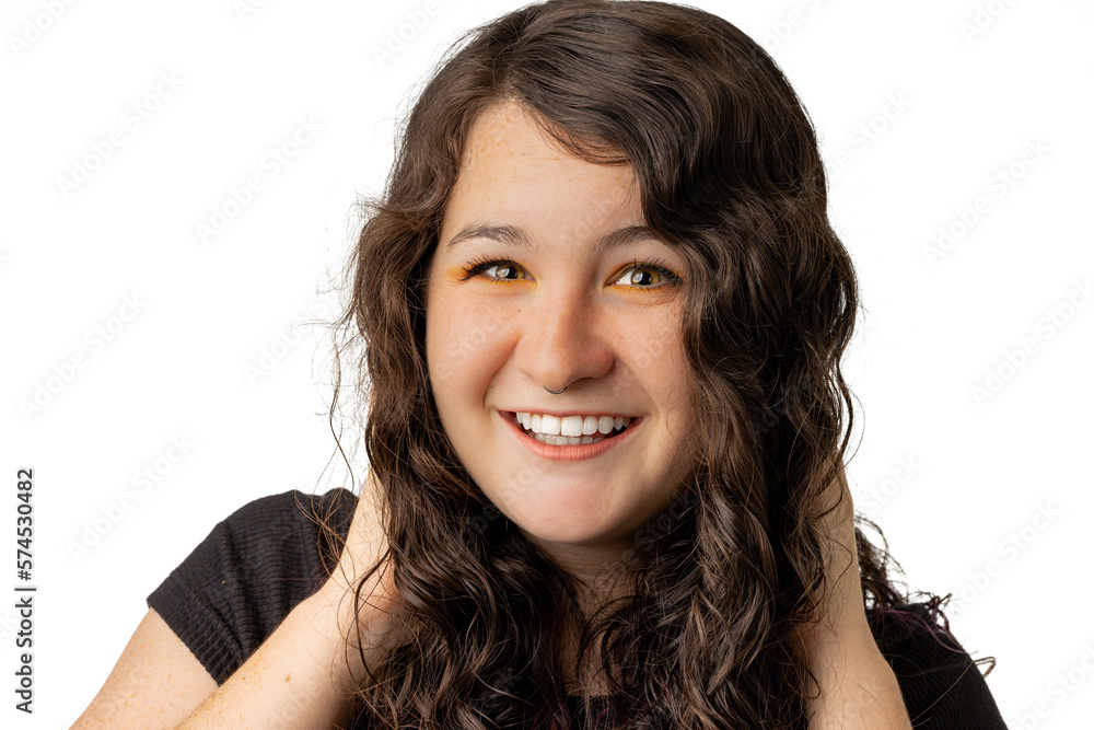 Beautiful young lady smiling on white background