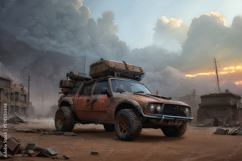 Apocalyptic Survival Car in Abandoned City Desert Landscape Beautiful Cloudy Sky Generative Ai Illustration